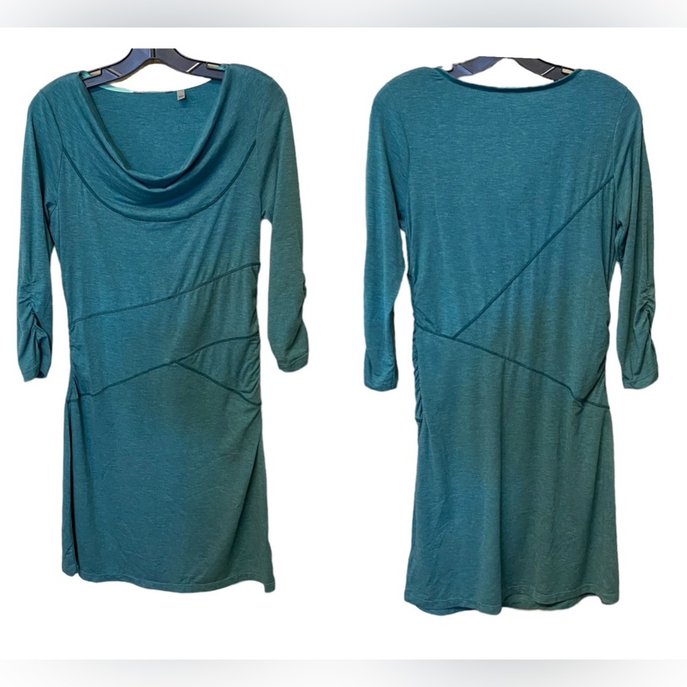 Athleta S Small Ukia Cowl Neck Dress Womens Teal Ruched Comfy Chic‎ Pockets